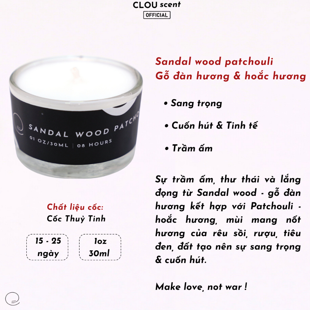 Nến Thơm Cao Cấp Sandalwood Patchouli - CLOU scent- Size 1oz/30ml - Quà Tặng, Trang Trí, Thơm Phòng, Sáp Thơm