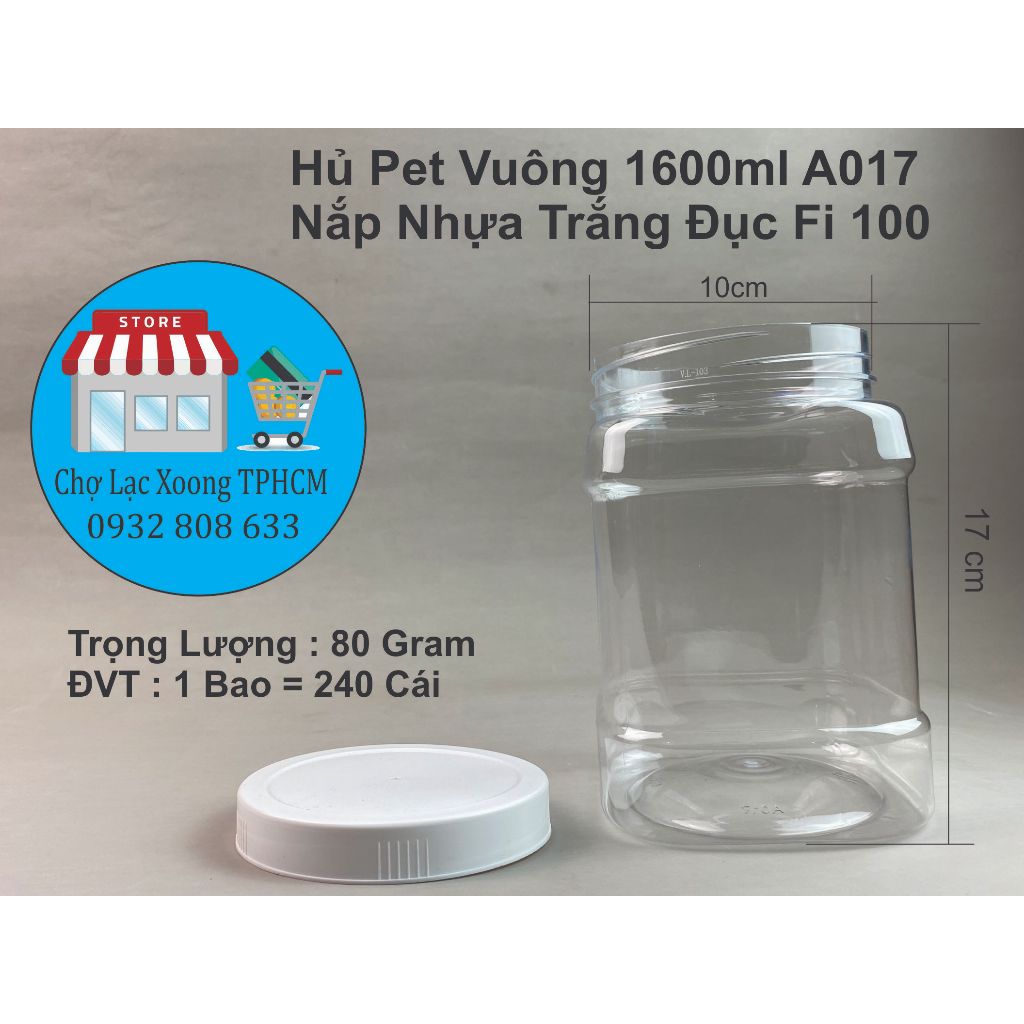 Hủ Pet Vuông 1600ml A017 Nắp Nhựa Trắng Đục Fi 100