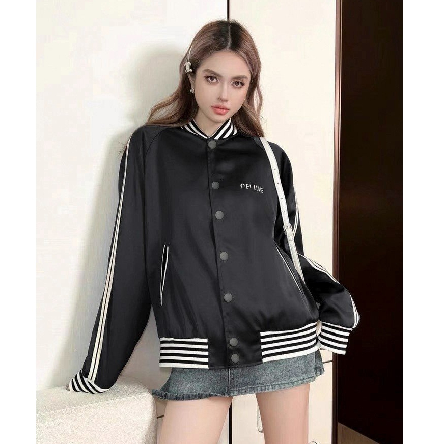 Áo Khoác Bomber Nam Nữ Thêu Logo CEILINE, Phối Sọc Tay Áo, Chất Vải Nỉ Cao Cấp, Phong Cách Đơn Giản, Trẻ Trung