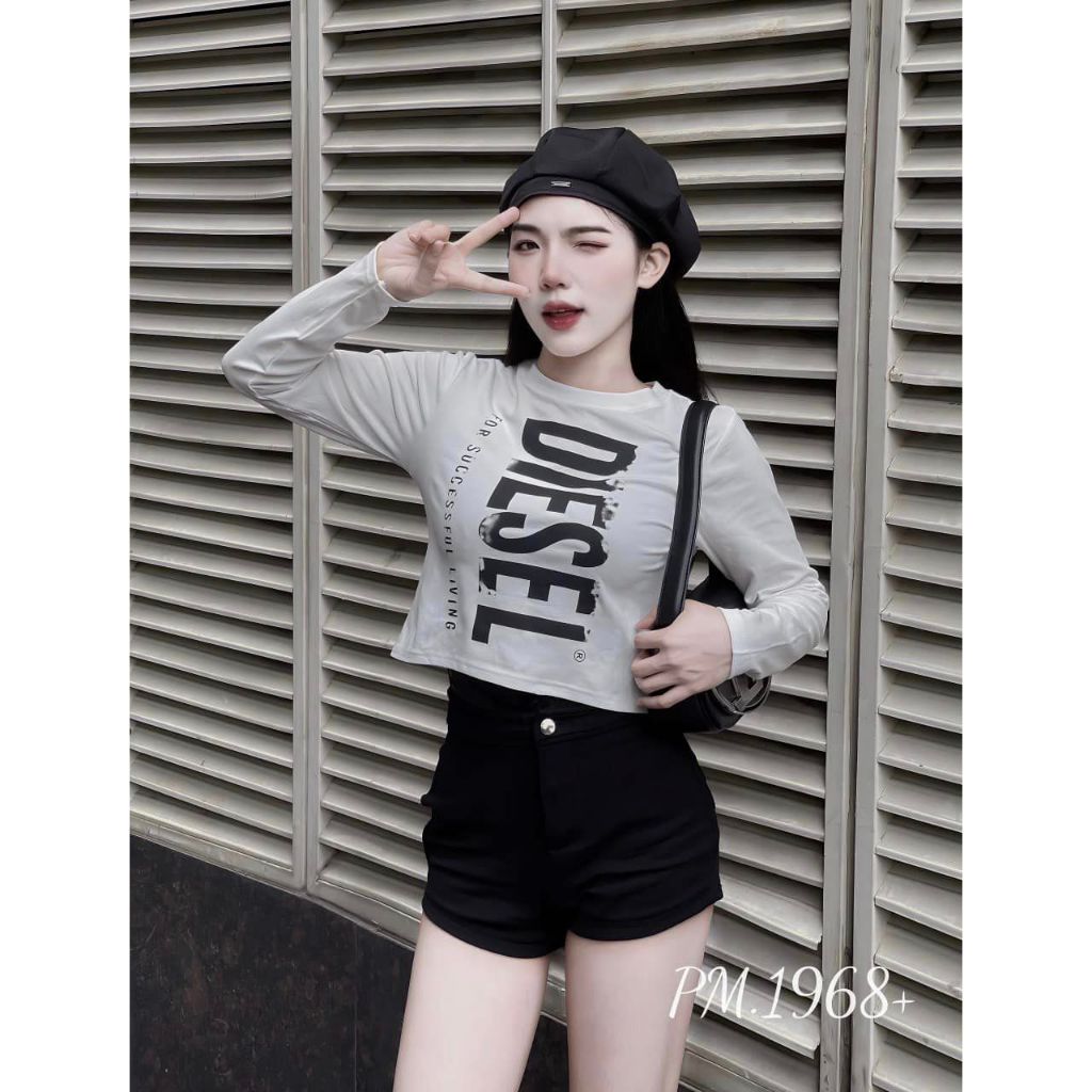 Áo phông zip in chữ croptop dài tay 2 màu