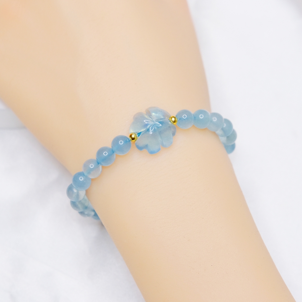 Vòng tay phong thuỷ may mắn chuỗi hạt và cỏ bốn lá aquamarine thiên nhiên cho nam nữ UPCARA