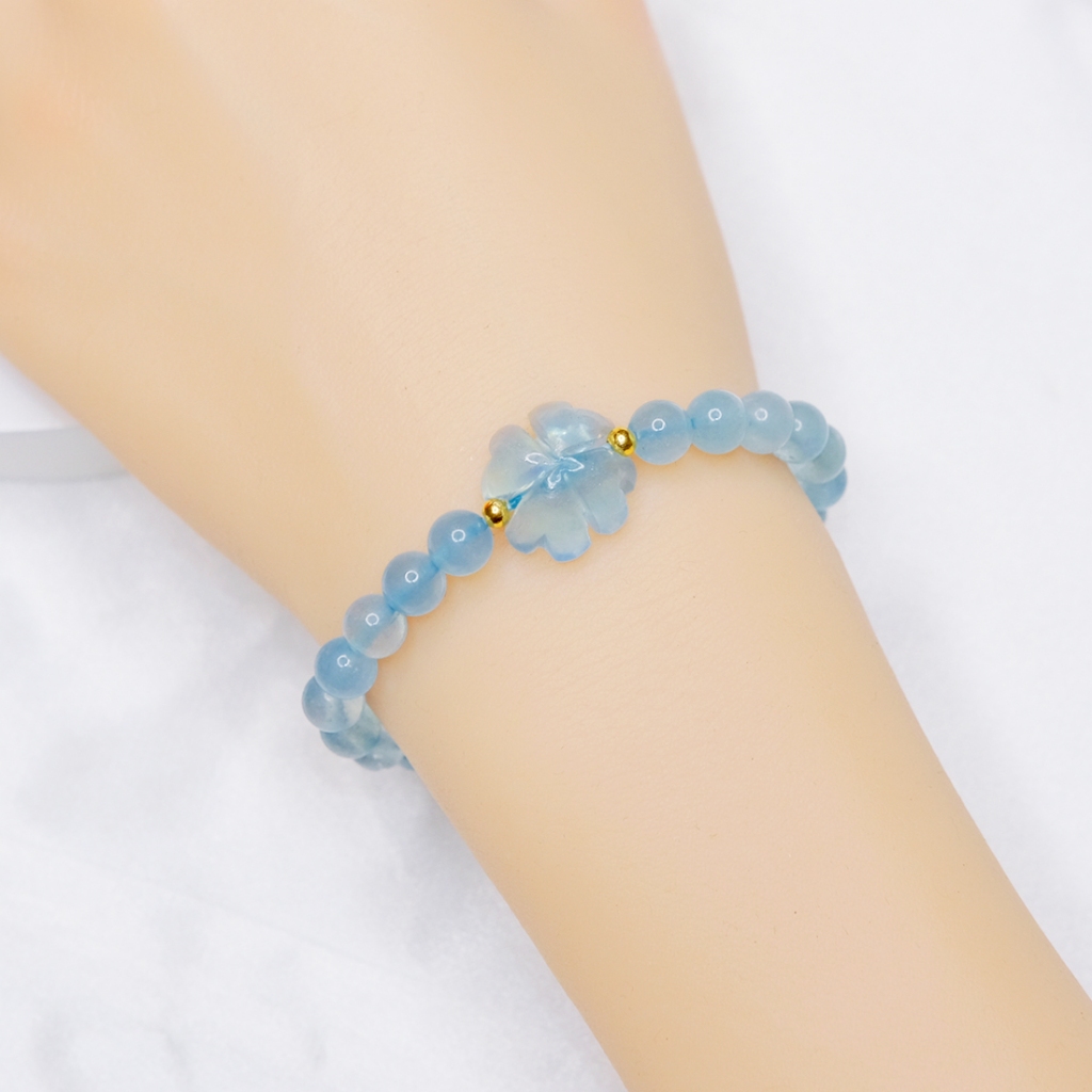 Vòng tay phong thuỷ may mắn chuỗi hạt và cỏ bốn lá aquamarine thiên nhiên cho nam nữ UPCARA