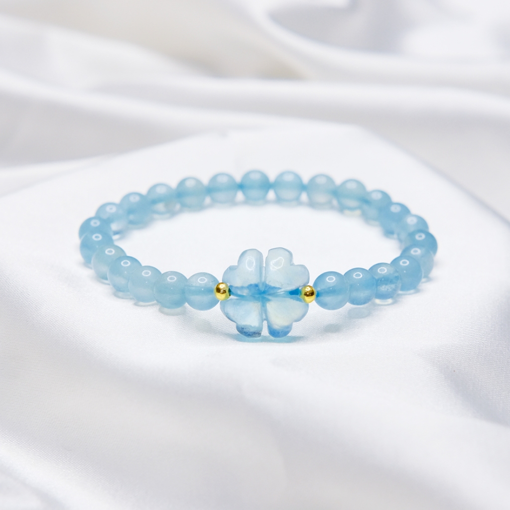 Vòng tay phong thuỷ may mắn chuỗi hạt và cỏ bốn lá aquamarine thiên nhiên cho nam nữ UPCARA
