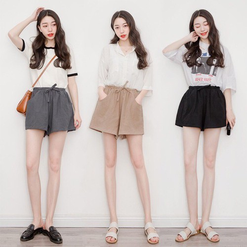 Quần short nữ phong cách Hàn Quốc. Quần đùi nữ đũi xước nhật chun cạp cao dây rút