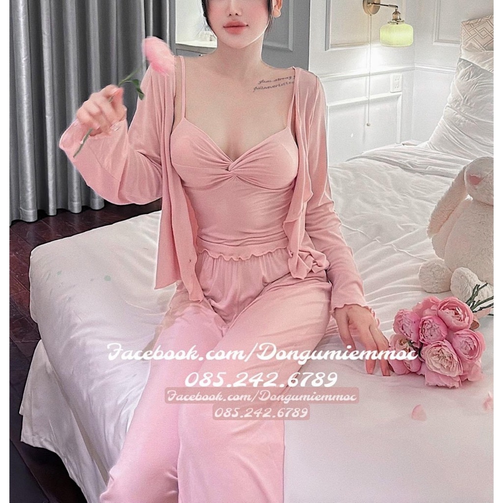 Set bộ đồ ngủ thun Hàn kèm choàng nơ xoắn có đệm chuẩn tag Lyly MIEMMOC - SX 326 - QUẢNG CHÂU cao cấp