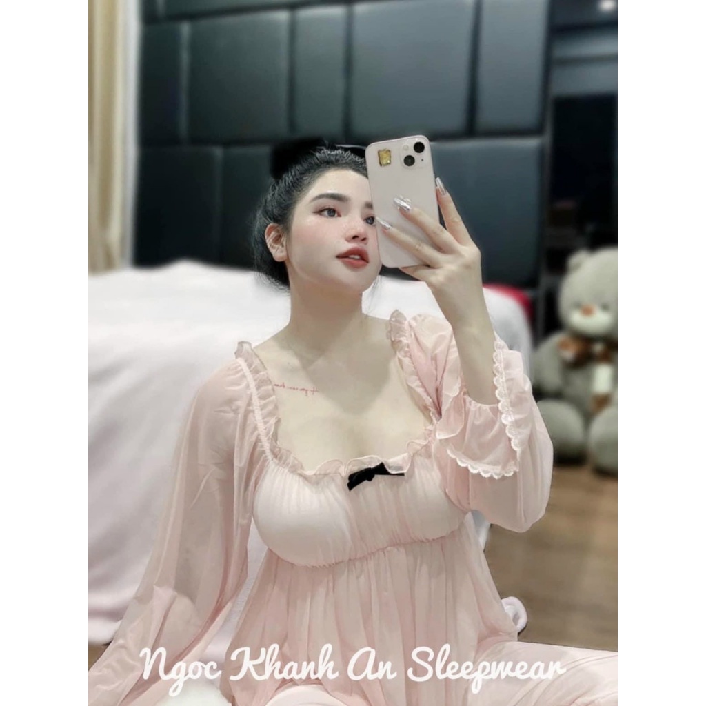 Set bộ đồ ngủ Voan Hồng nơ ngực kèm đệm chuẩn tag Lyly MIEMMOC - SX 327 - QUẢNG CHÂU cao cấp- Sẵn( video+ảnh thật)