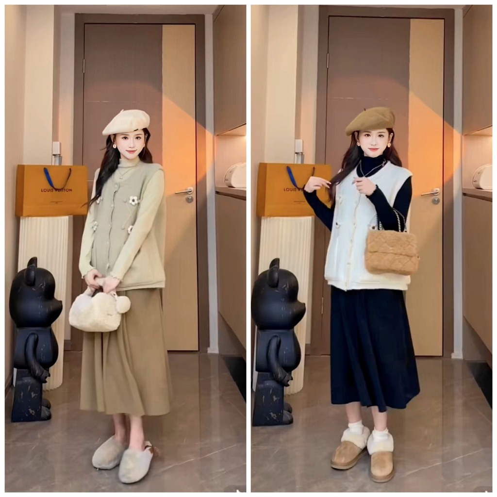 Chân váy bầu dáng dài Nhung Tăm thu đông, váy có túi và chun rút chỉnh bụng