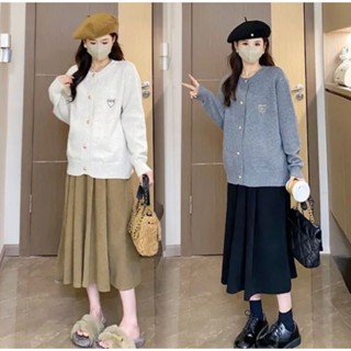  Chân váy bầu dáng dài Nhung Tăm thu đông váy có túi và chun rút chỉnh bụng 