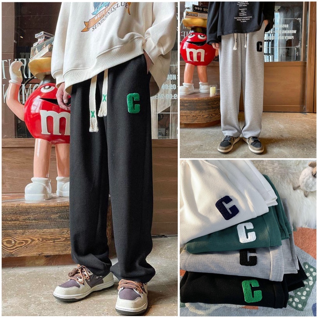 Quần ống rộng nữ nam chữ C vải tổ ong, quần dài thể thao unisex cá tính | BigBuy360 - bigbuy360.vn