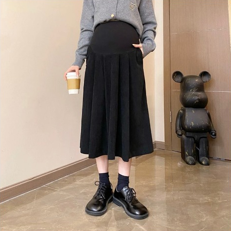 Chân váy bầu dáng dài Nhung Tăm thu đông, váy có túi và chun rút chỉnh bụng