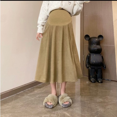 Chân váy bầu dáng dài Nhung Tăm thu đông, váy có túi và chun rút chỉnh bụng