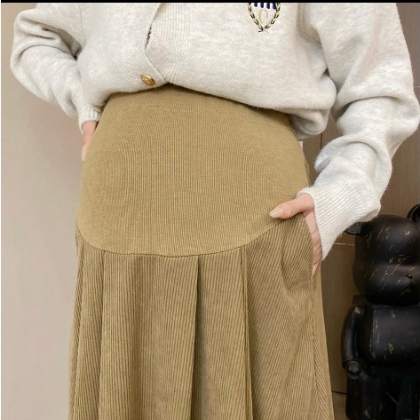 Chân váy bầu dáng dài Nhung Tăm thu đông, váy có túi và chun rút chỉnh bụng