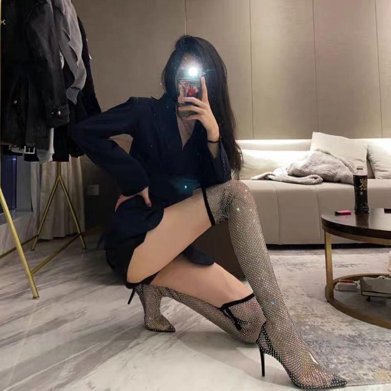 Bốt lưới đùi đính đá cao cấp gót 9cm