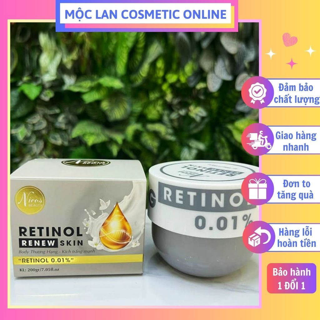 Mua 1 tặng 1 gói Ủ Trắng - Kem Retinol Body - Kích Trắng Mạnh Nicos Beauty Retinol Renew Skin 0.01% - 200 gam