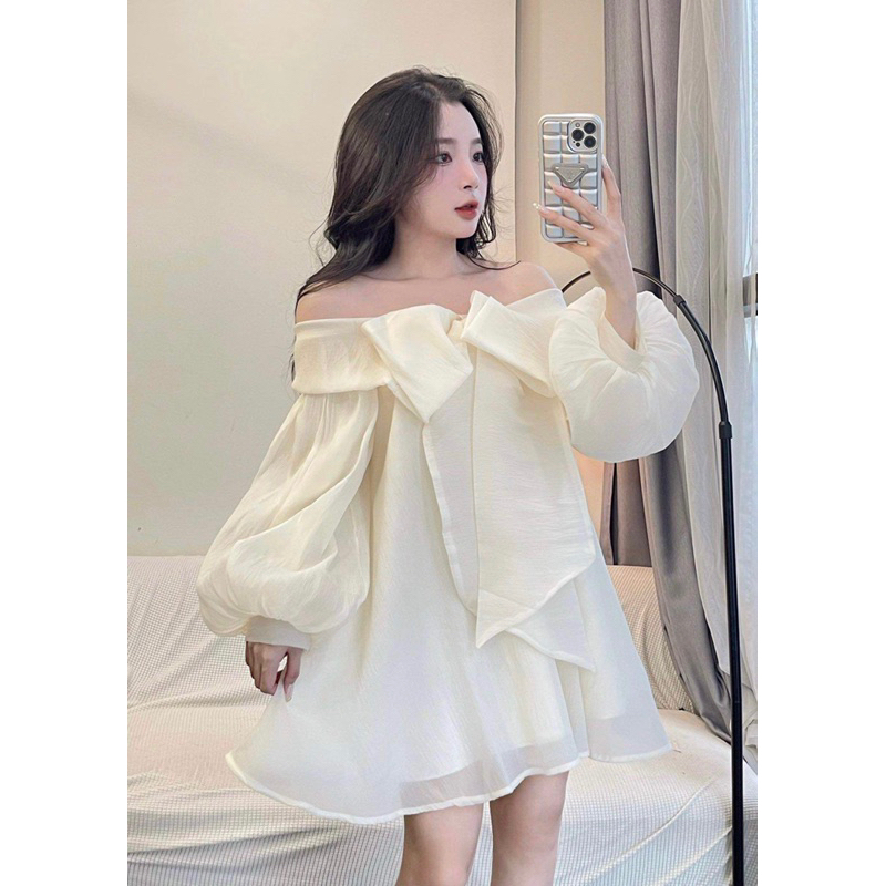 Mona Dress - Đầm váy babydoll trễ vai thắt nơ to tay bồng xoè 2 lớp