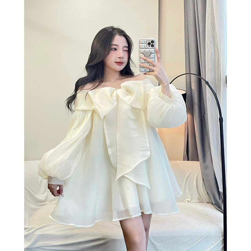 Mona Dress - Đầm váy babydoll trễ vai thắt nơ to tay bồng xoè 2 lớp