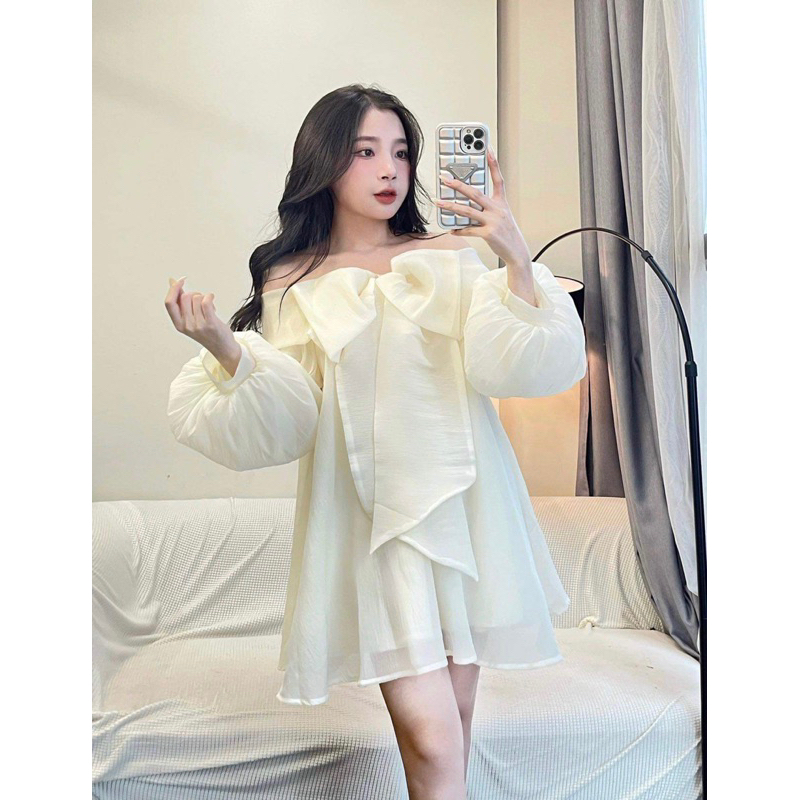 Mona Dress - Đầm váy babydoll trễ vai thắt nơ to tay bồng xoè 2 lớp