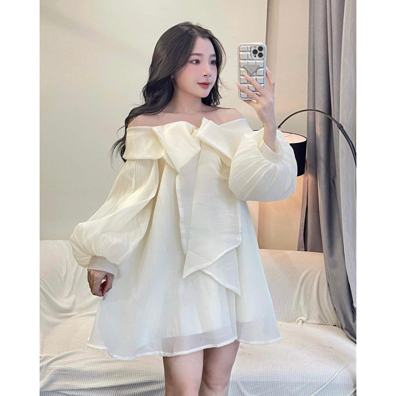 Mona Dress - Đầm váy babydoll trễ vai thắt nơ to tay bồng xoè 2 lớp