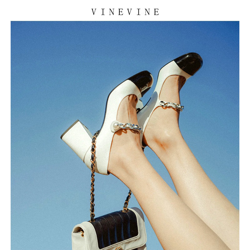 Giày cao gót MiuMiu quai xích loại dày êm  size 34-40 - Giày Mary Jane đen trắng hot trend 2023