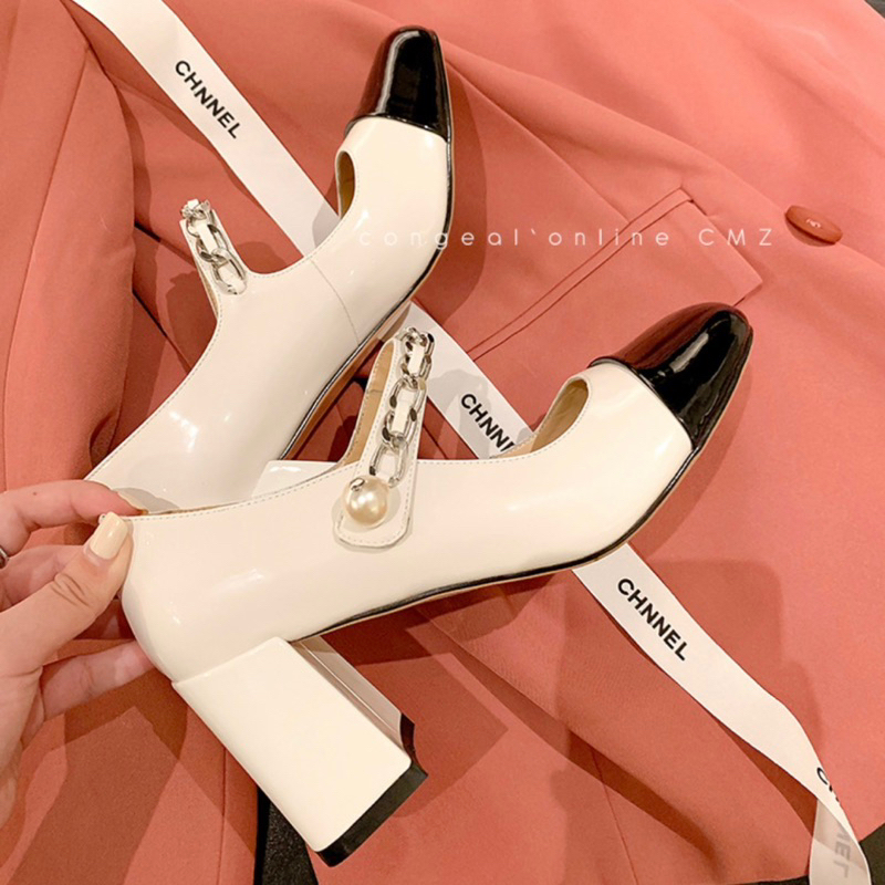 Giày cao gót MiuMiu quai xích loại dày êm  size 34-40 - Giày Mary Jane đen trắng hot trend 2023