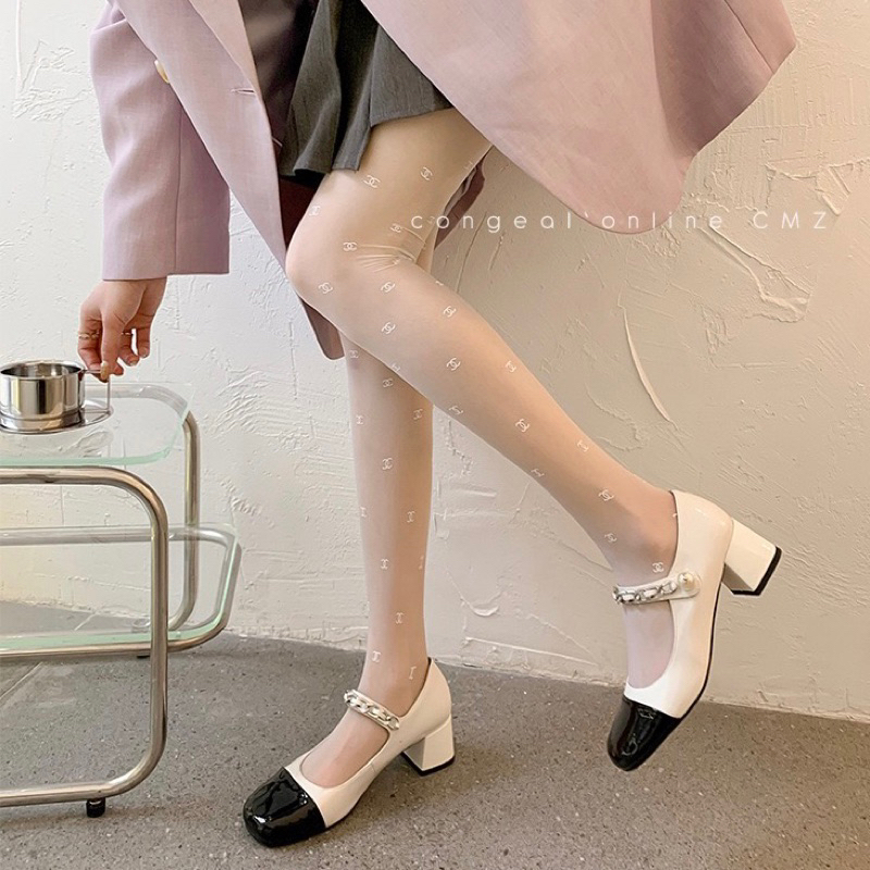 Giày cao gót MiuMiu quai xích loại dày êm  size 34-40 - Giày Mary Jane đen trắng hot trend 2023