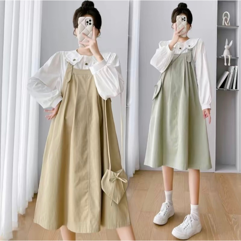 Váy yếm bầu dáng rộng tay dài, thêu hoa phong cách Hàn quốc trẻ trung cho Mom