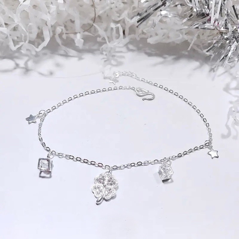 Lắc chân bạc nữ 5 charm cỏ 4 lá phối chất liệu bạc ta - Lily Silver