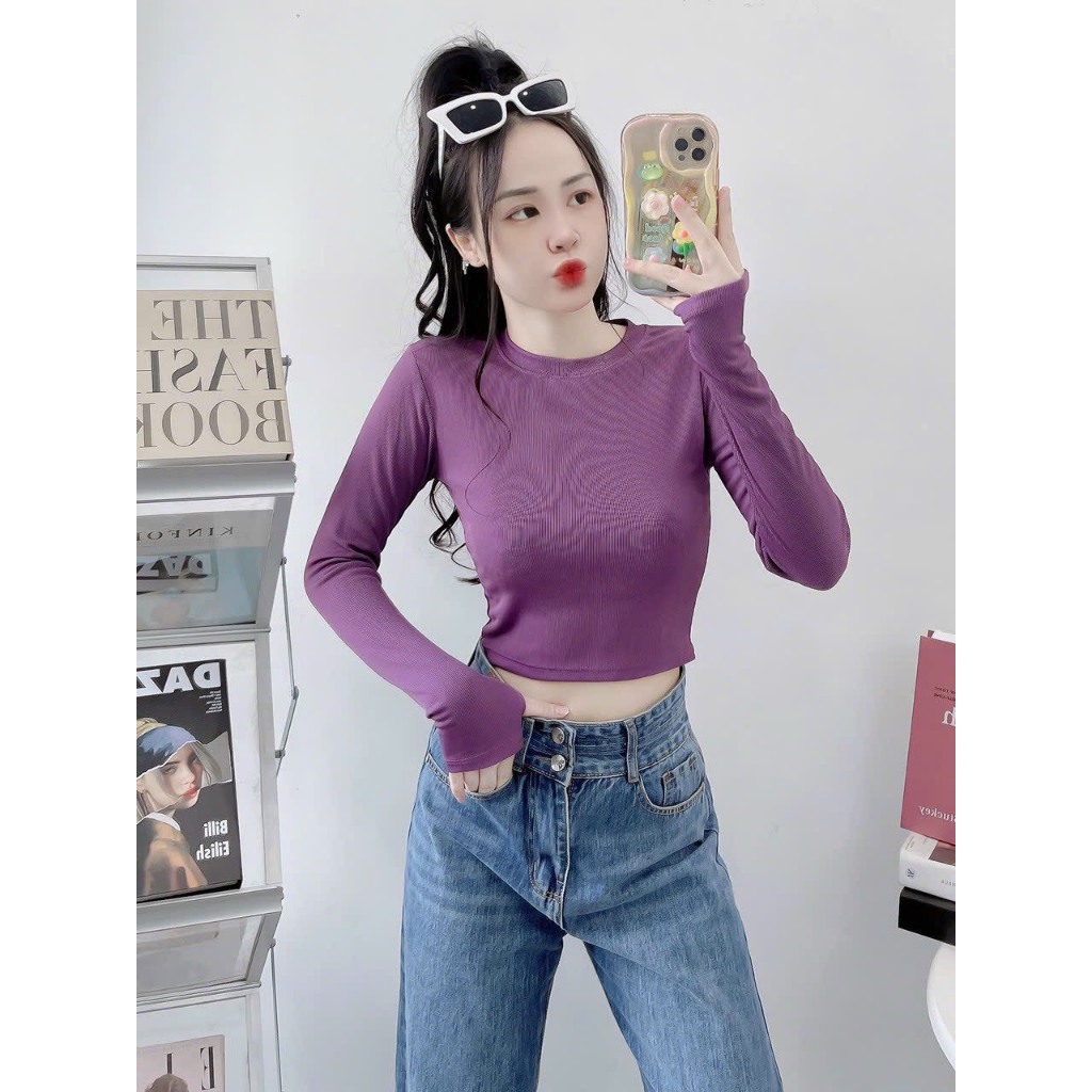 Áo Croptop Chất Thun Gân QC Tay Dài Phối Xỏ Ngón