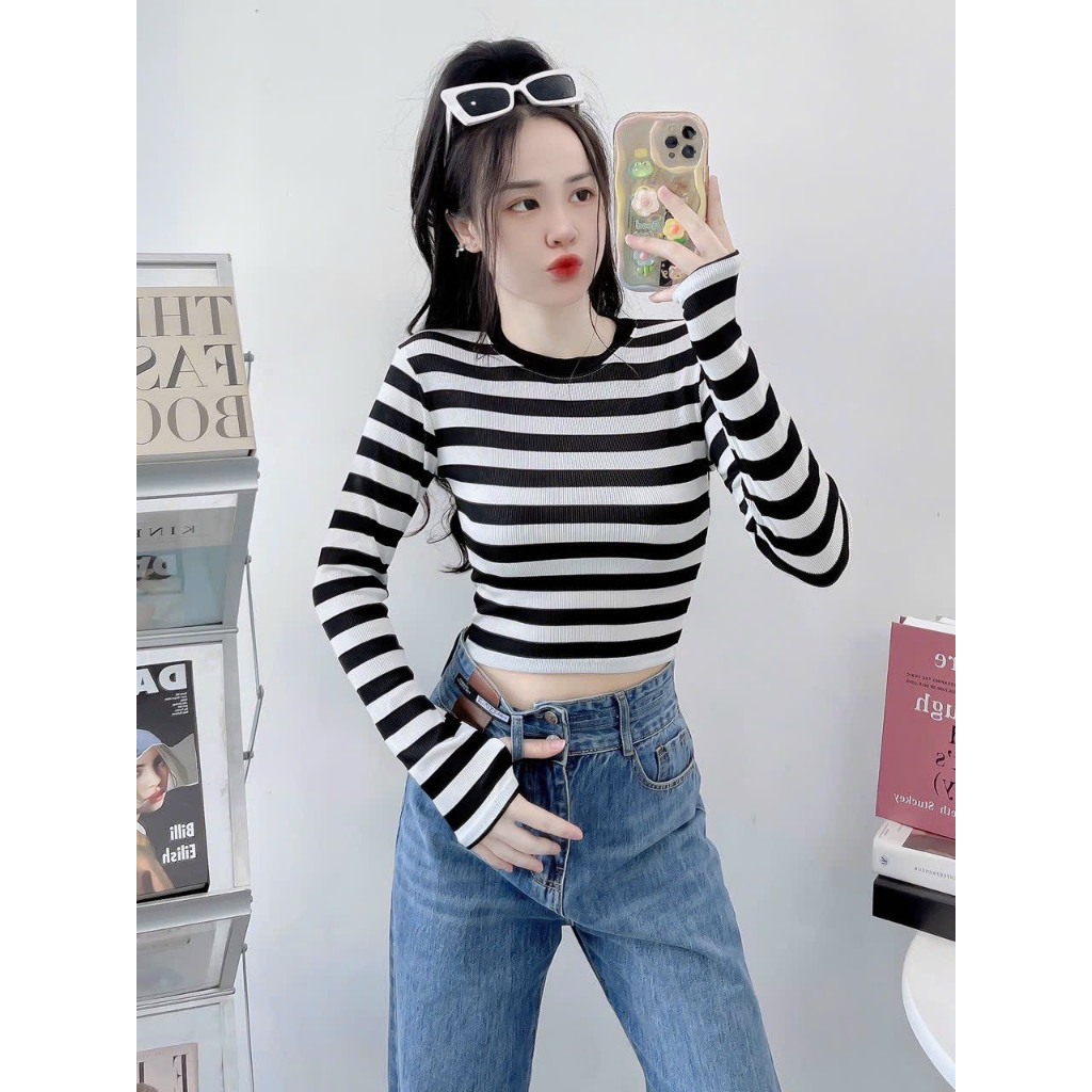 Áo Croptop Chất Thun Gân QC Tay Dài Phối Xỏ Ngón