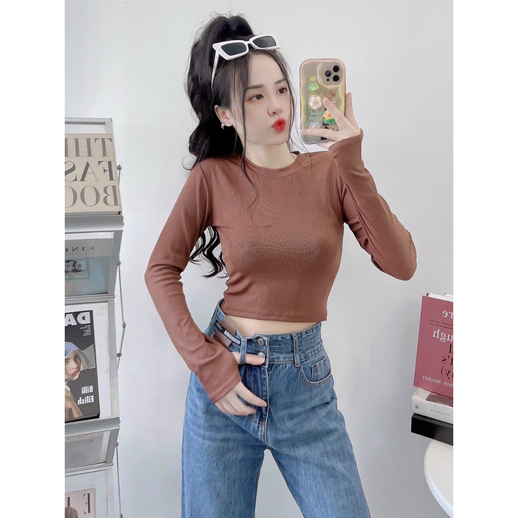 Áo Croptop Chất Thun Gân QC Tay Dài Phối Xỏ Ngón
