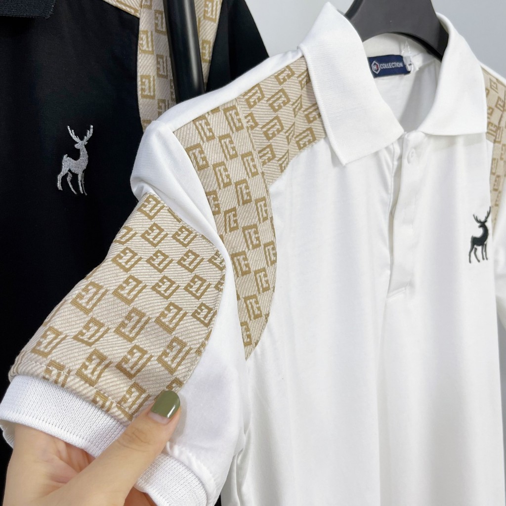 Áo thun polo nam, áo nam có cổ tay ngắn phối vai, thêu ngực họa tiết, chất vải cotton mềm mịn thoáng mát