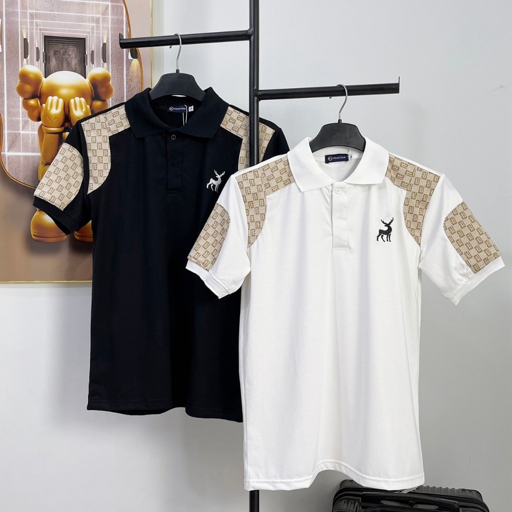 Áo thun polo nam, áo nam có cổ tay ngắn phối vai, thêu ngực họa tiết, chất vải cotton mềm mịn thoáng mát