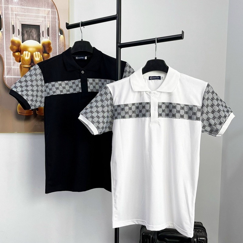 Áo thun polo nam, áo nam có cổ tay ngắn phối vai, thêu ngực họa tiết, chất vải cotton mềm mịn thoáng mát