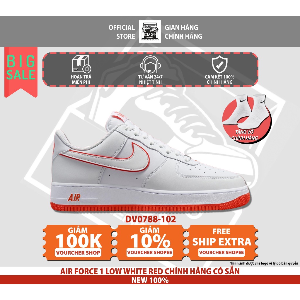 Giày 𝙉𝒊𝙠𝒆 AIR FORCE 1 / AF1 LOW WHITE RED CHÍNH HÃNG CÓ SẴN ( DV0788-102 ) - 𝗔𝗨𝗧𝗛𝗘𝗡𝗧𝗜𝗖 𝟭𝟬𝟬%