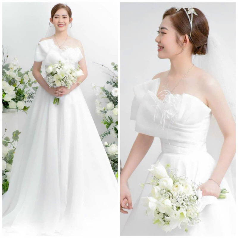 Váy Cưới Đi Bàn Cô Dâu Trễ Vai Đính Hoa Lông Vũ Dáng Công Chúa Size S M L V469 AĐ BOUTIQUE