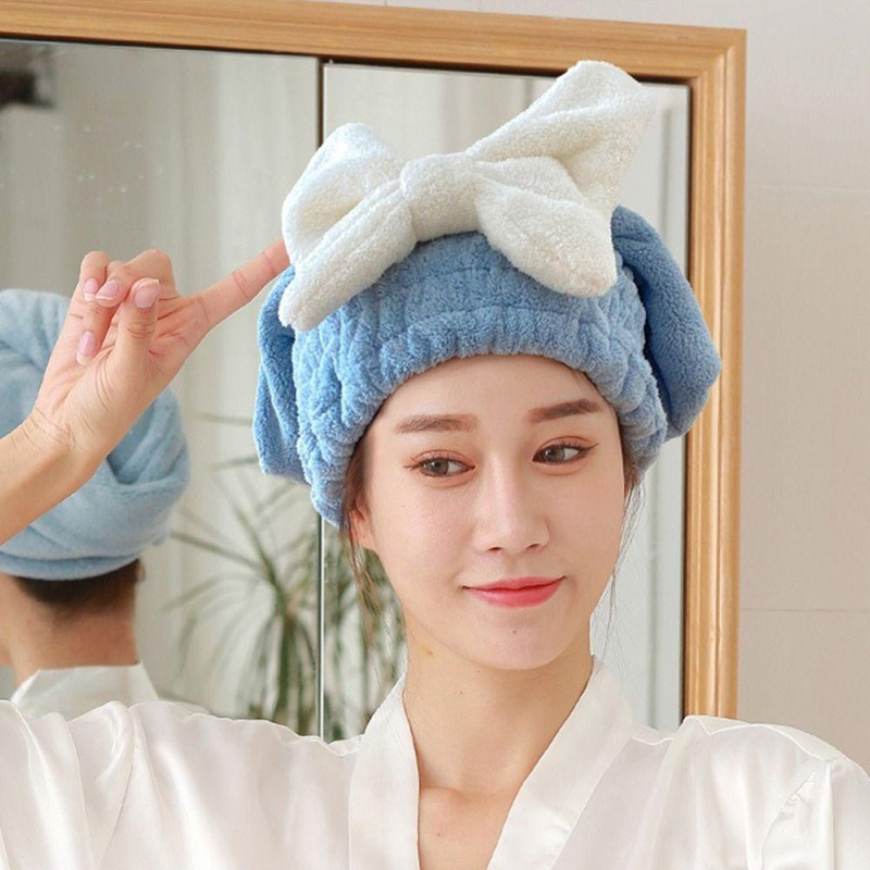 Mũ quấn khô tóc, khăn ủ tóc mũ trùm đầu hình nơ to chất liệu san hô dày dặn siêu thấm hút tốt tiện lợi