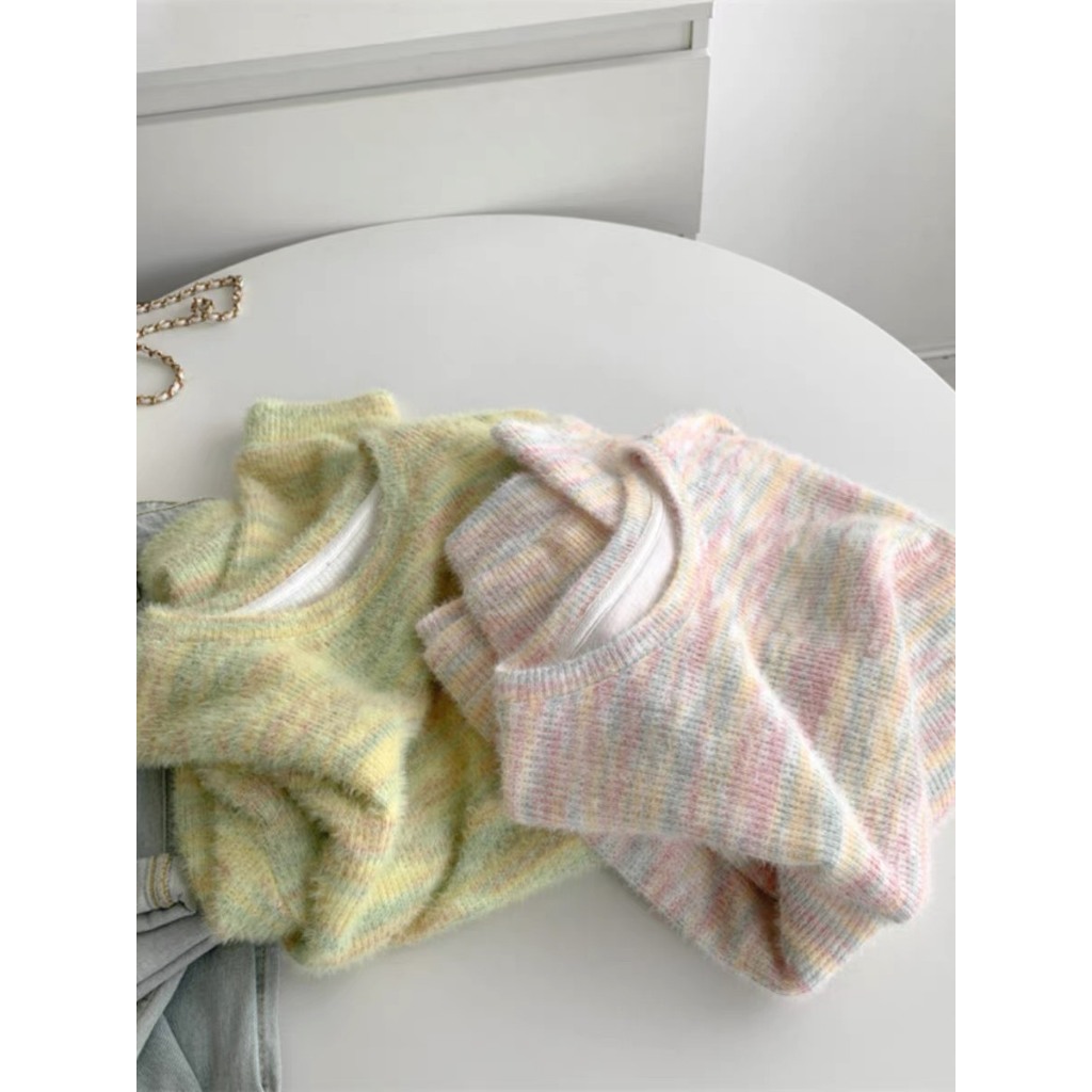 Áo sweater dệt kim bảy sắc cầu vồng dài tay