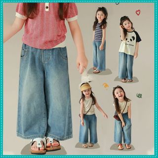 Quần Jean Cho Bé Gái 3-8 Tuổi Loại Quần Ống Rộng và Co Giãn Phong Cách Hàn Quốc