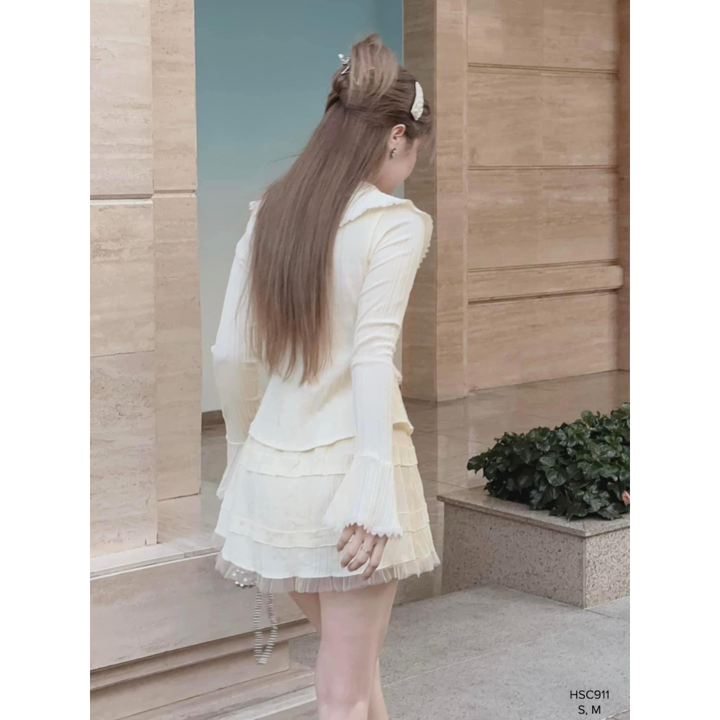 Set chân váy sọc gân áo bèo tay loe phong cách tiểu thư CHIBEST HSC911