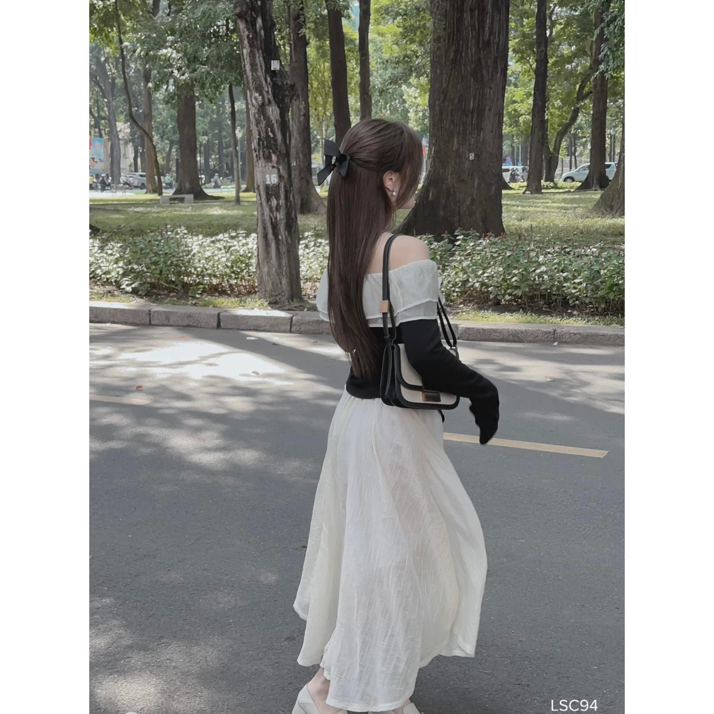 Set chân váy dài tơ áo bèo trễ tay loe viền ngực nhẹ nhàng nữ tính CHIBEST LSC94