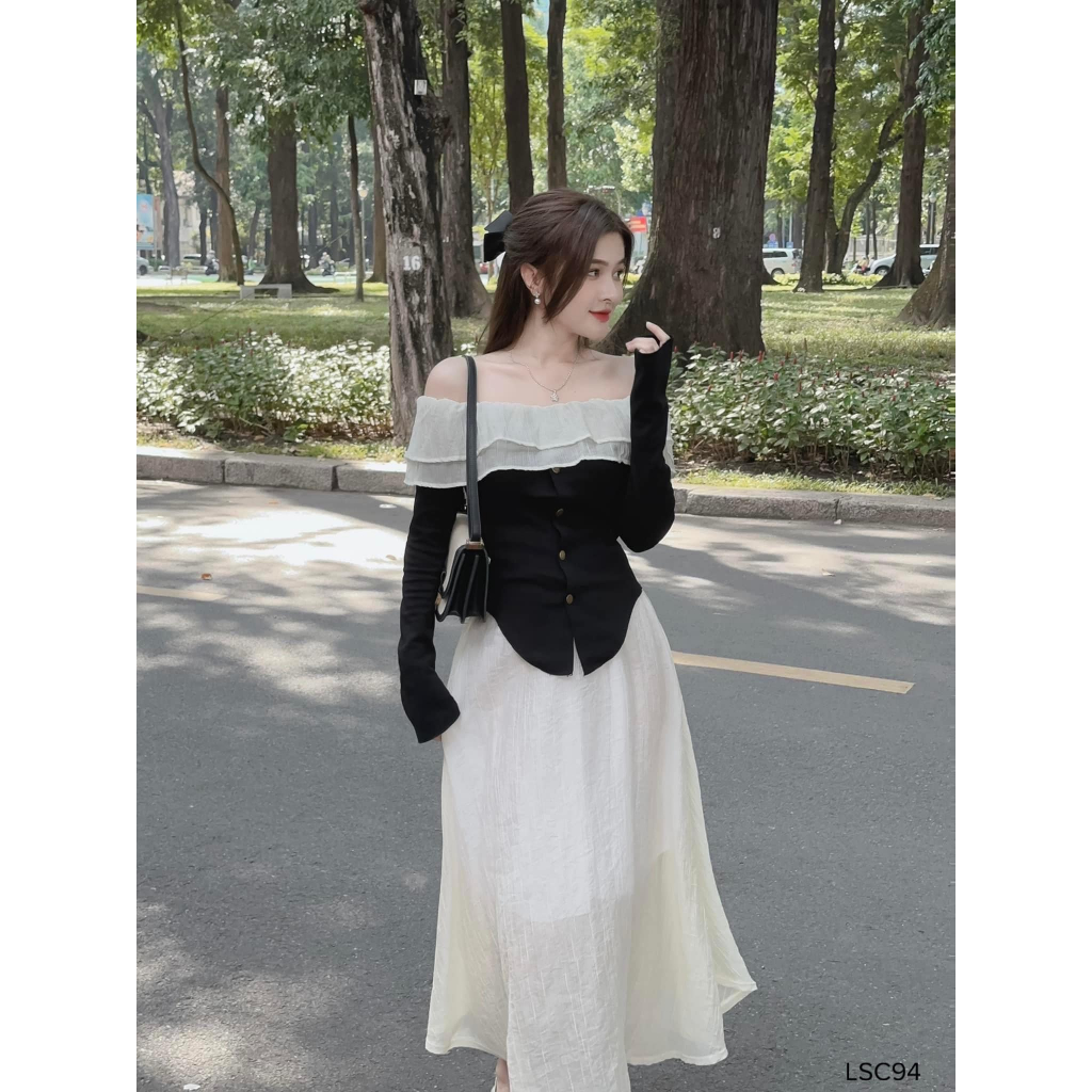 Set chân váy dài tơ áo bèo trễ tay loe viền ngực nhẹ nhàng nữ tính CHIBEST LSC94