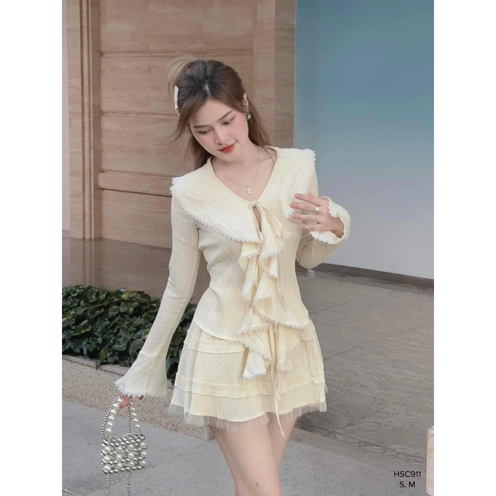 Set chân váy sọc gân áo bèo tay loe phong cách tiểu thư CHIBEST HSC911