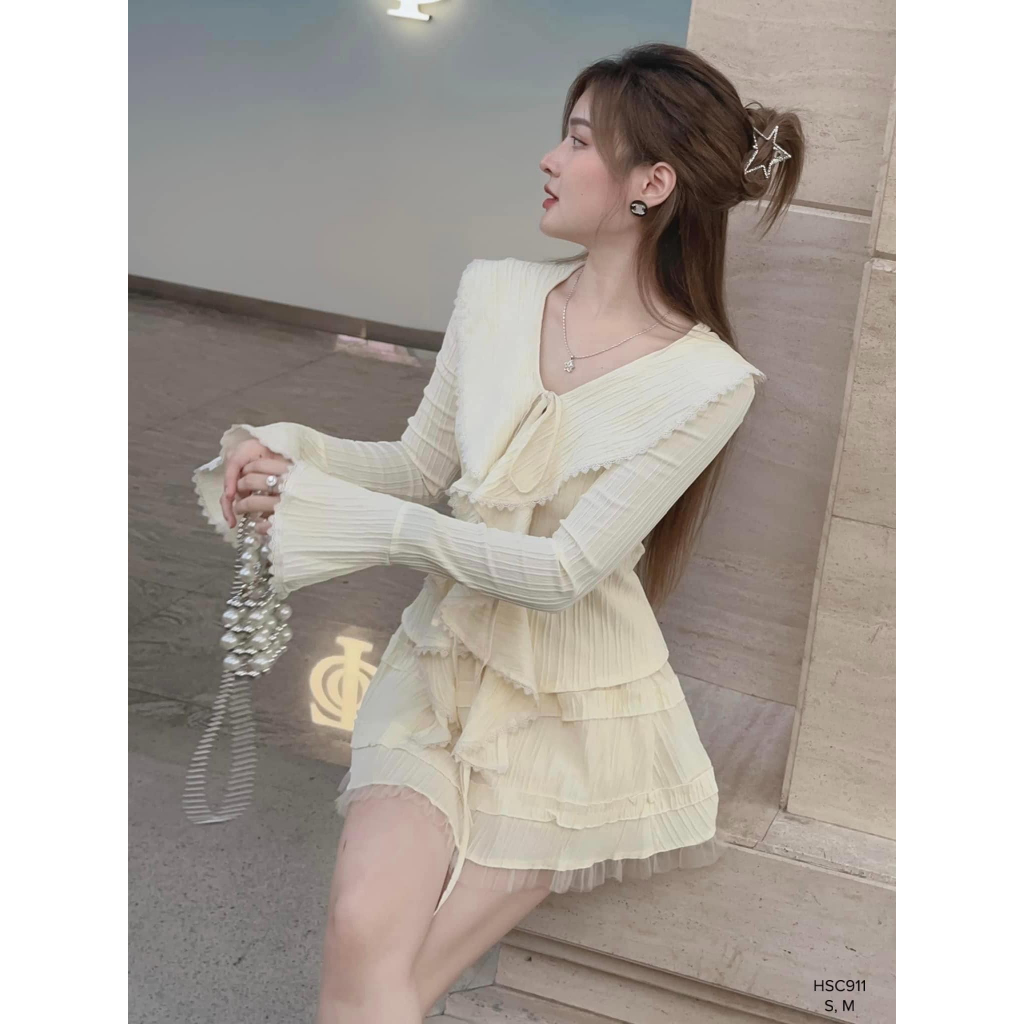 Set chân váy sọc gân áo bèo tay loe phong cách tiểu thư CHIBEST HSC911