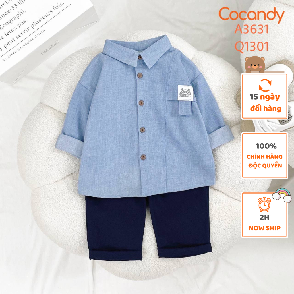 Set đồ cho bé -Áo dài jean XANH NHẠT ngực COCANDY và Quần dài XANH THAN 2 khuy túi cho bé của COCANDY mã A3631,Q1302