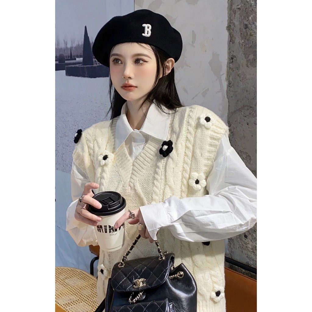 Áo gile nữ quảng châu cổ V, áo len kiểu hàn form vừa ulzzang Hari GenZ AogilehoaGL13 P0K38