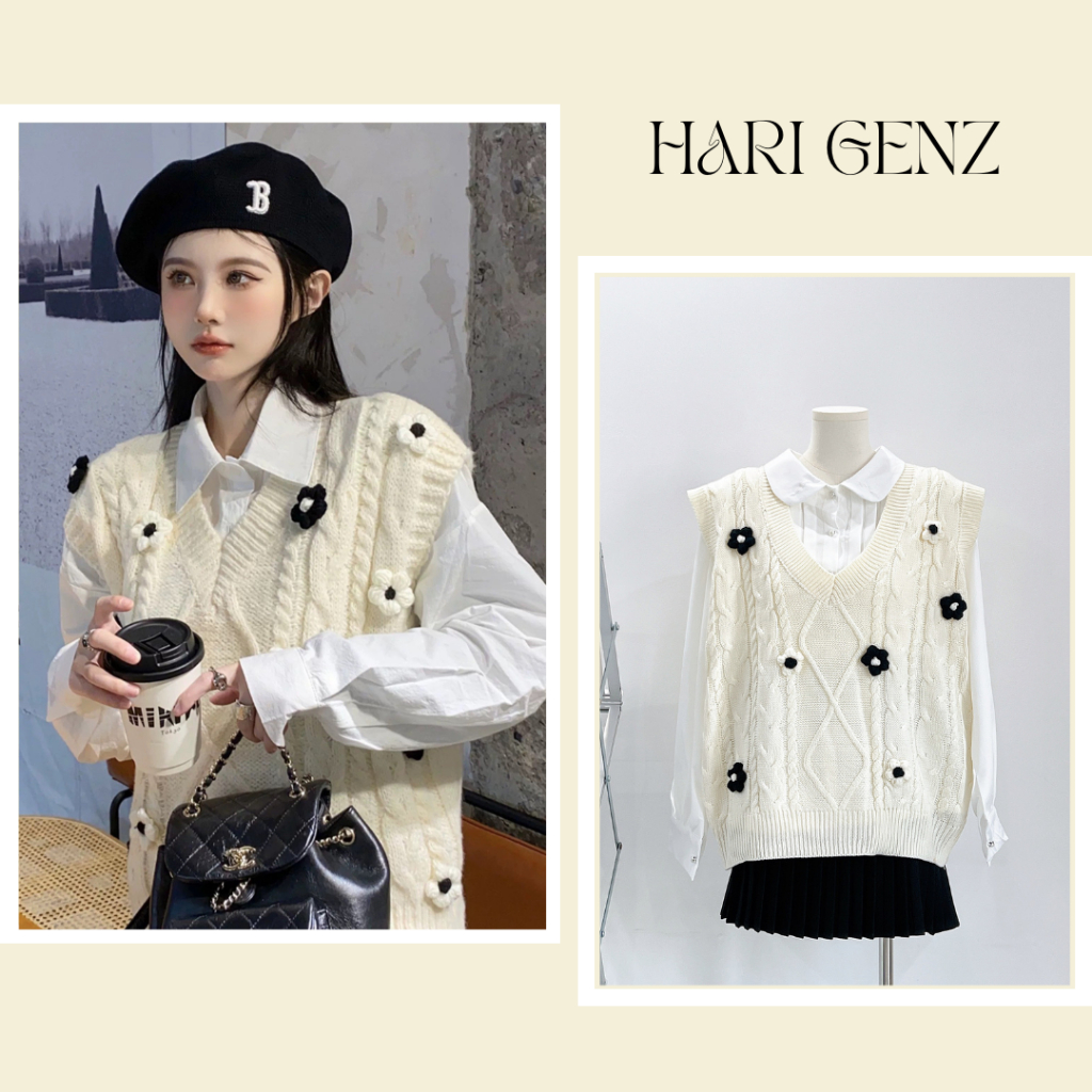Áo gile nữ quảng châu cổ V, áo len kiểu hàn form vừa ulzzang Hari GenZ AogilehoaGL13 P0K38