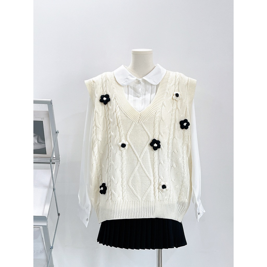 Áo gile nữ quảng châu cổ V, áo len kiểu hàn form vừa ulzzang Hari GenZ AogilehoaGL13 P0K38