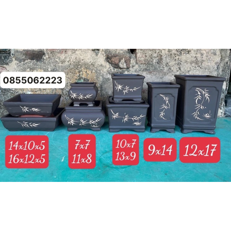 Bộ 8 chậu bonssai mini gốm bát tràng màu đen sen đá