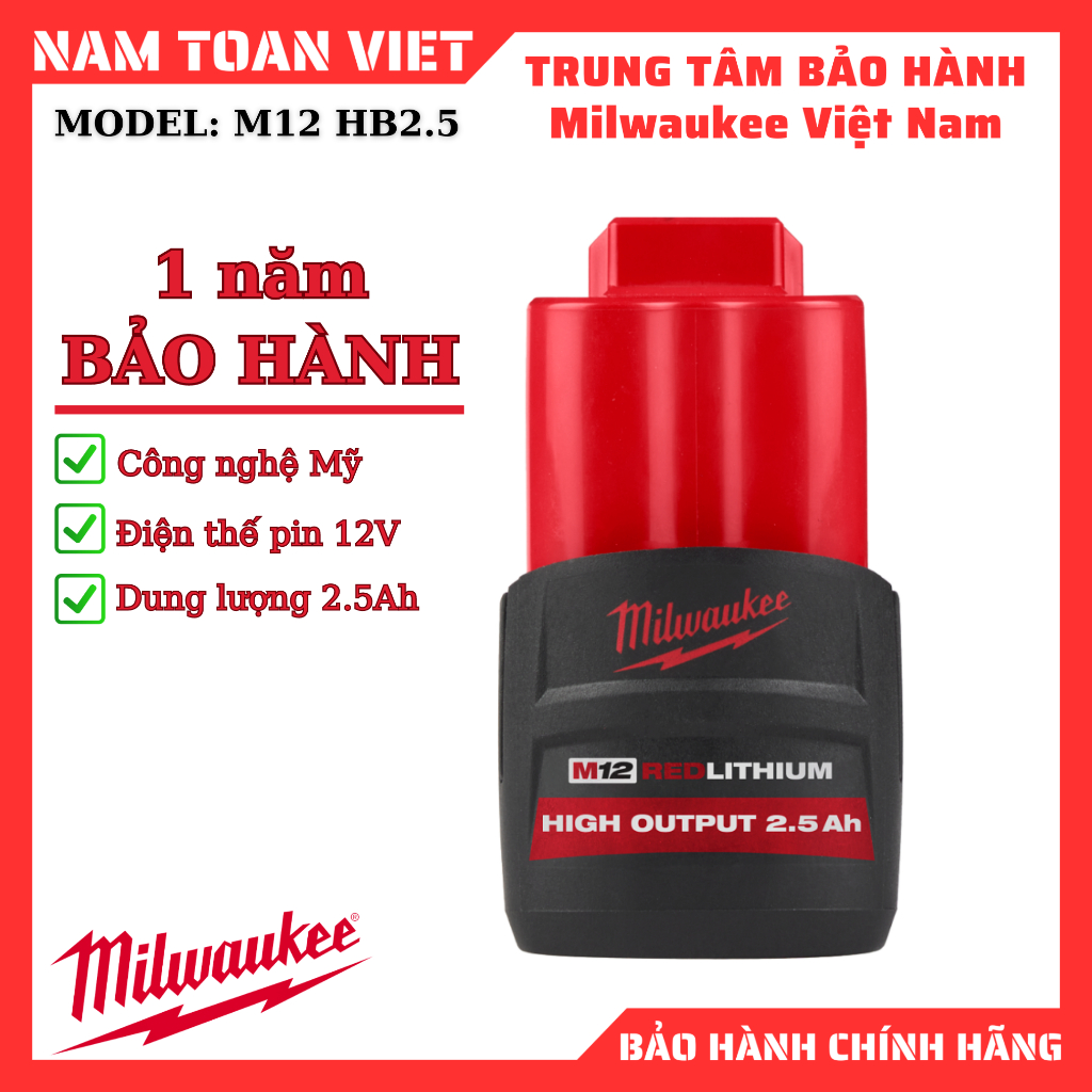 Pin Milwaukee 12V dung lượng 2.0Ah 2.5Ah 4.0Ah 6.0Ah