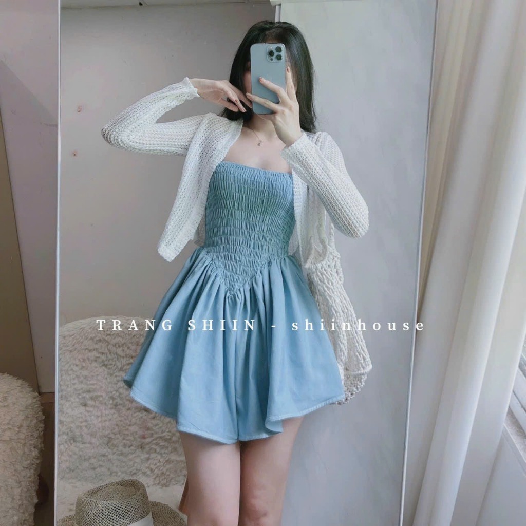 Sét váy jean cúp ngực phối khoác ren xinh xắn